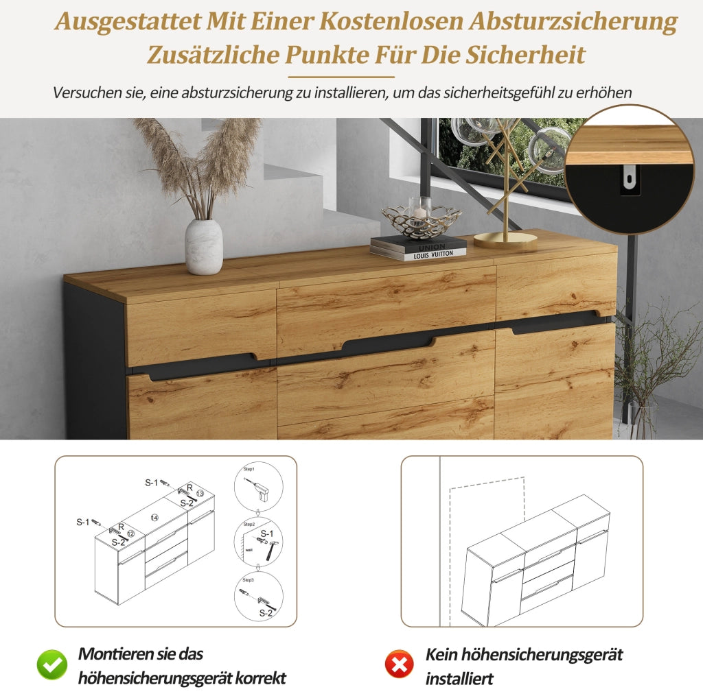 Credenza con 2 ante e 4 cassetti 160x40x80 cm nero e colore legno