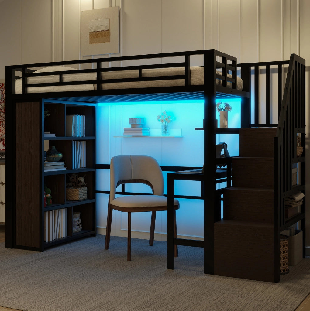 Letto a soppalco 90x200 cm con scrivania, LED e ripiani