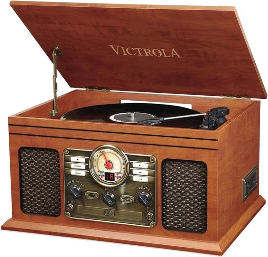 Tavolo di lavoro multifunzione in legno di mahon con supporto per vinile e sistema stereo