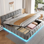 Letto contenitore capitonné con LED multicolore e vano idraulico LEMONMAX; 180x200 cm; testiera imbottita; velluto; grigio