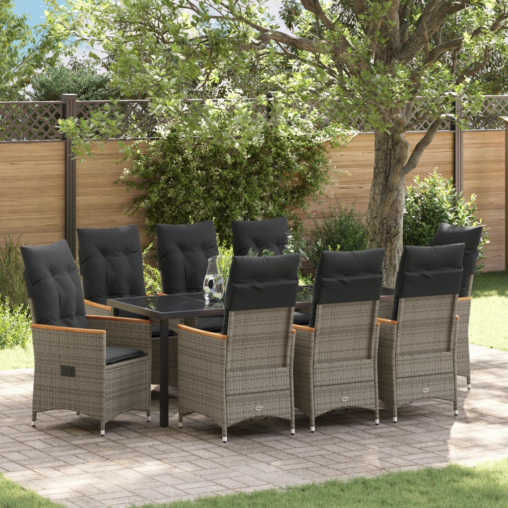 Set da Pranzo da Giardino da 9 Pezzi con Cuscini Grigio Rattan PE