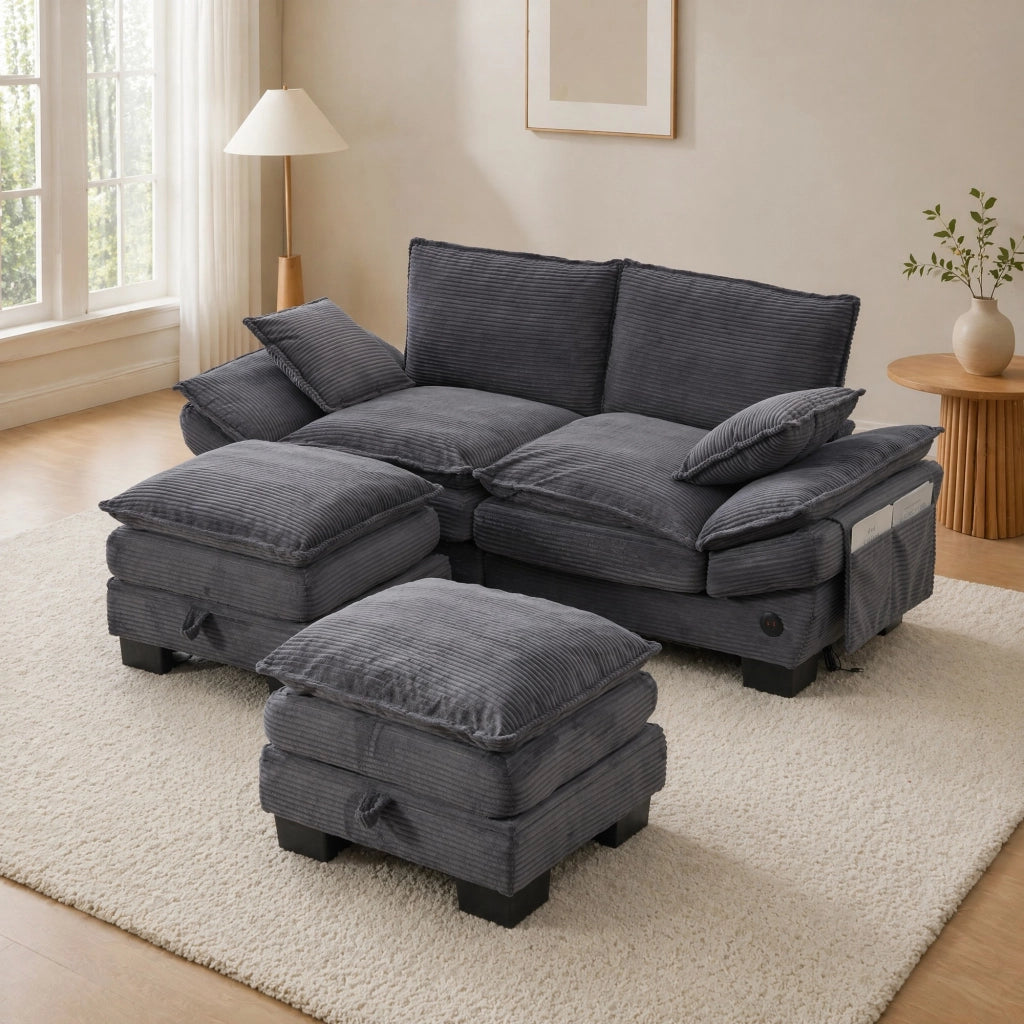 Divano modulare 2 posti con 2 pouf contenitore in tessuto corduroy; 190x132x84 cm; grigio scuro