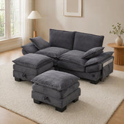 Divano modulare 2 posti con 2 pouf contenitore in tessuto corduroy; 190x132x84 cm; grigio scuro
