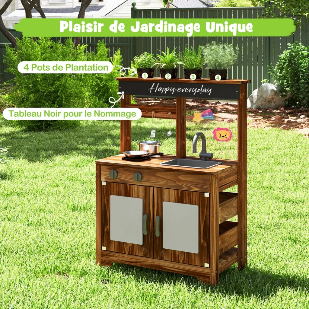 Cucina giocattolo in legno per bambini 68 x 35 x 97 cm con lavello estraibile e vasi da fiori in stile esterno in legno di abete marrone 20_0011599
