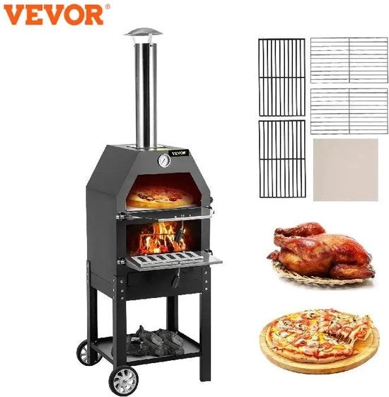 Fornello per Pizza Esterno - 2 Livelli - Progettato per Esterno - Con Ruote - L 40 x B 35 x H 142 cm - Nero