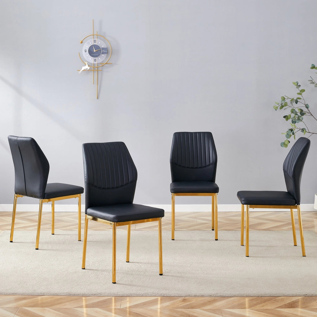 Sedie da pranzo moderne, 4 pezzi in PU nero con schienale a coste e gambe in metallo dorato, per sala da pranzo e soggiorno