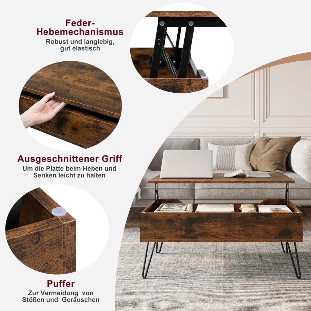 WOLTU Tavolino da Salotto, Tavolino da Caffè Sollevabile, con Scomparto Nascosto, Stile Industriale, 95x50x(40-55,5) cm, Marrone Rustico + Nero