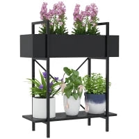 Supporto per piante da interno e da esterno a 2 livelli, con fori di drenaggio, in metallo, 60 x 25 x 70 cm, Nero