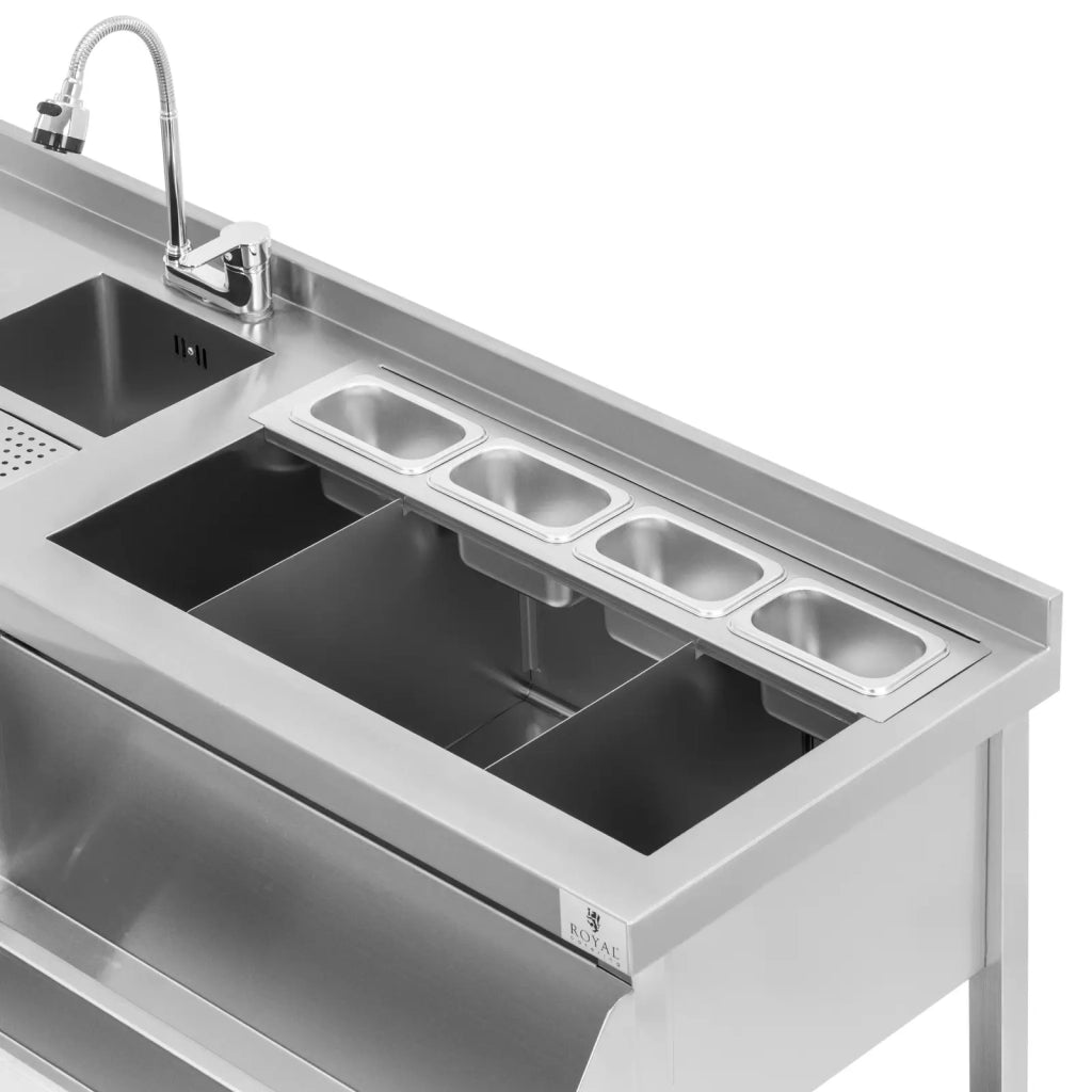 Stazione cocktail con vaschetta per il ghiaccio 4 bacinelle GN 1/9 lavabicchieri e portabottiglie in acciaio inox 14_0009947