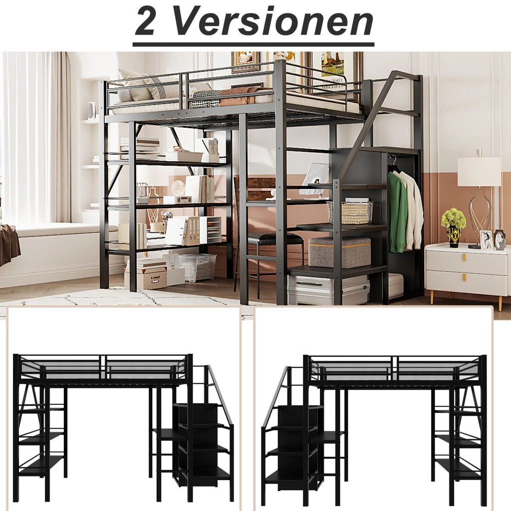 Letto alto in metallo nero con scrivania armadio e scaffali a tre livelli 140x200 cm