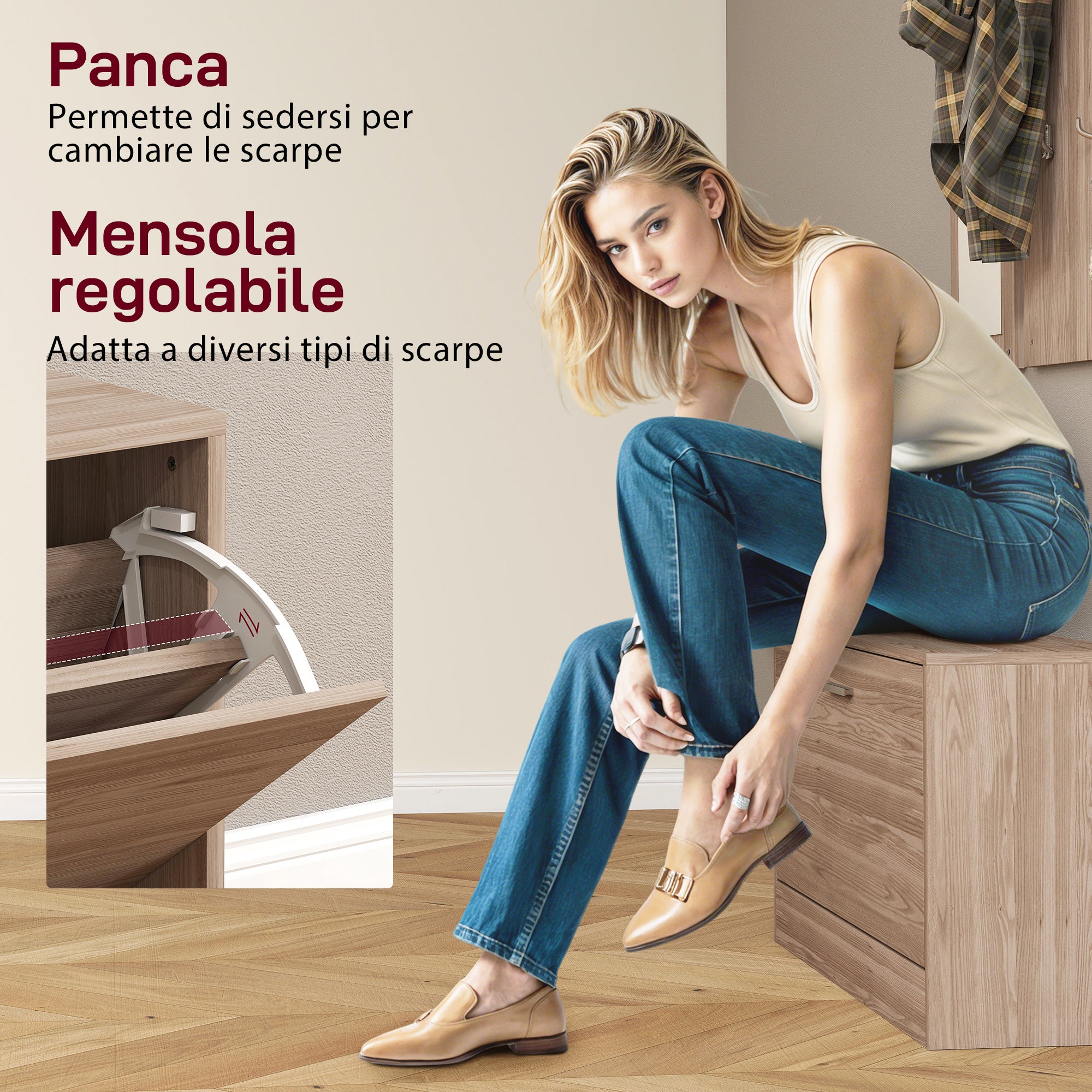 Set Mobili da Ingresso con Panca Scarpiera Appendiabiti a Muro e Specchio in Legno Truciolare Marrone Scuro