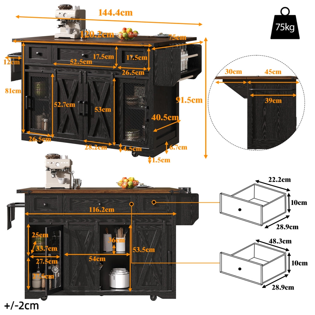 CARRELLO CUCINA con piano estraibile 120.2x45.3x91.5 cm Nero MDF