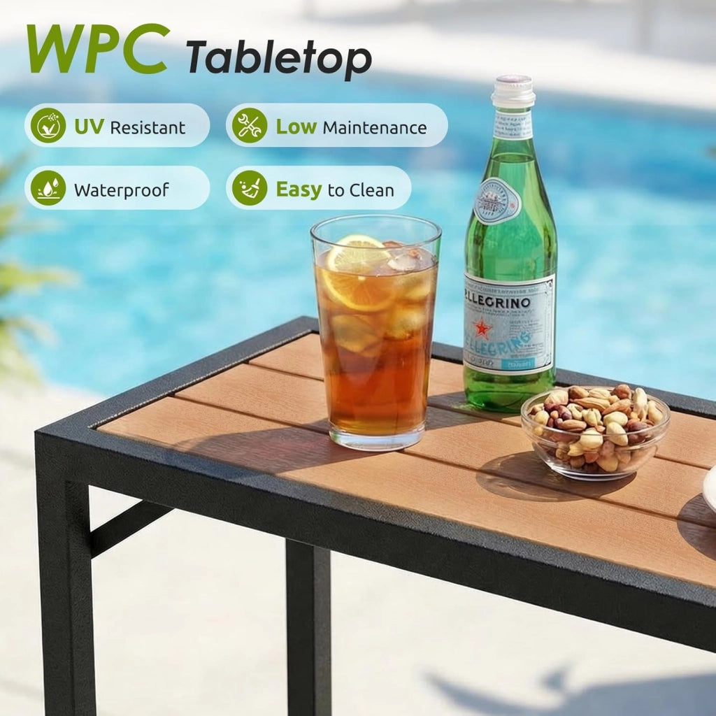 Outdoor Bar Table, 120 x 38 x 98 cm, Tavolo da Giardino Cortile con Piano Impermeabile, Tavolo da Bar Alto con Piedini Regolabili, adatto per Terrazza, Bordo Piscina, Soggiorno, Marrone