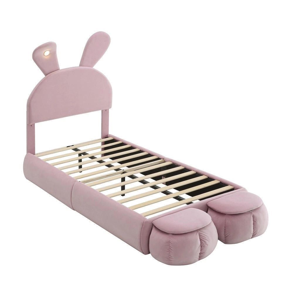 Letto Singolo Bambini con Cassetti e LED ¨C Xylo ¨C Velluto Rosa 90x200