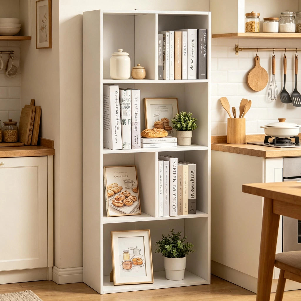 Libreria da terra bianca con 6 scomparti, struttura in MDF, 50 x 30 x 118 cm