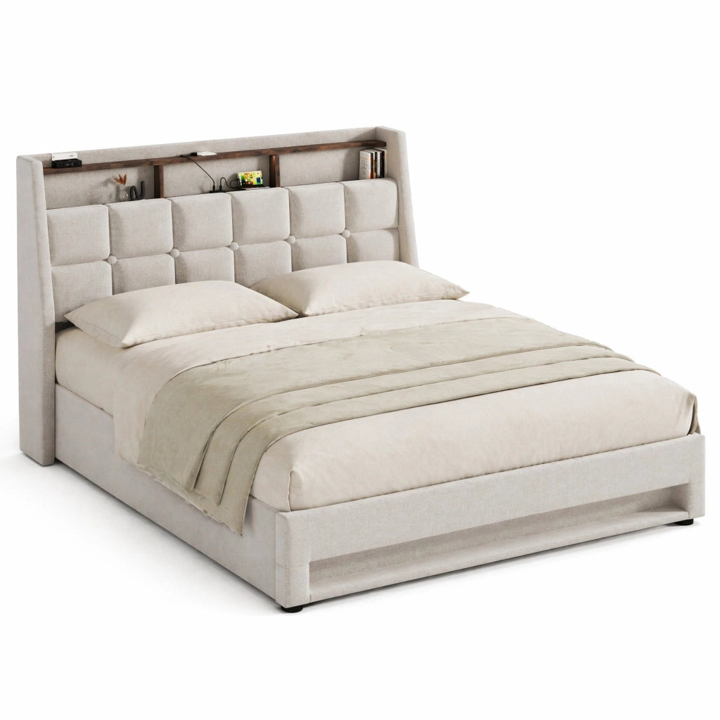 Letto matrimoniale imbottito 140x200 cm in lino beige con LED e USB; stile vintage