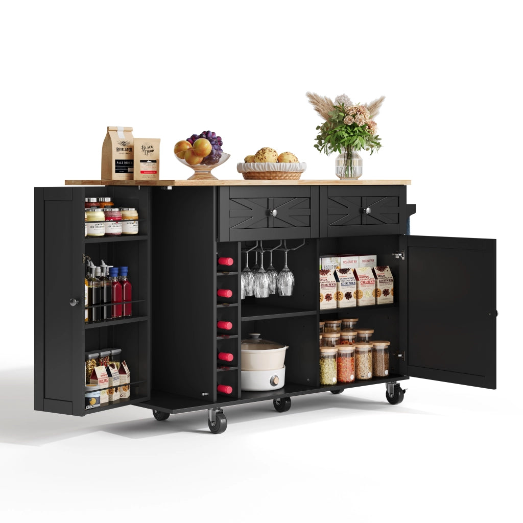 Isola cucina con piano ribaltabile, 1 porta, 2 cassetti, ruote bloccabili, nero, 120 x 45(70) x 89 cm
