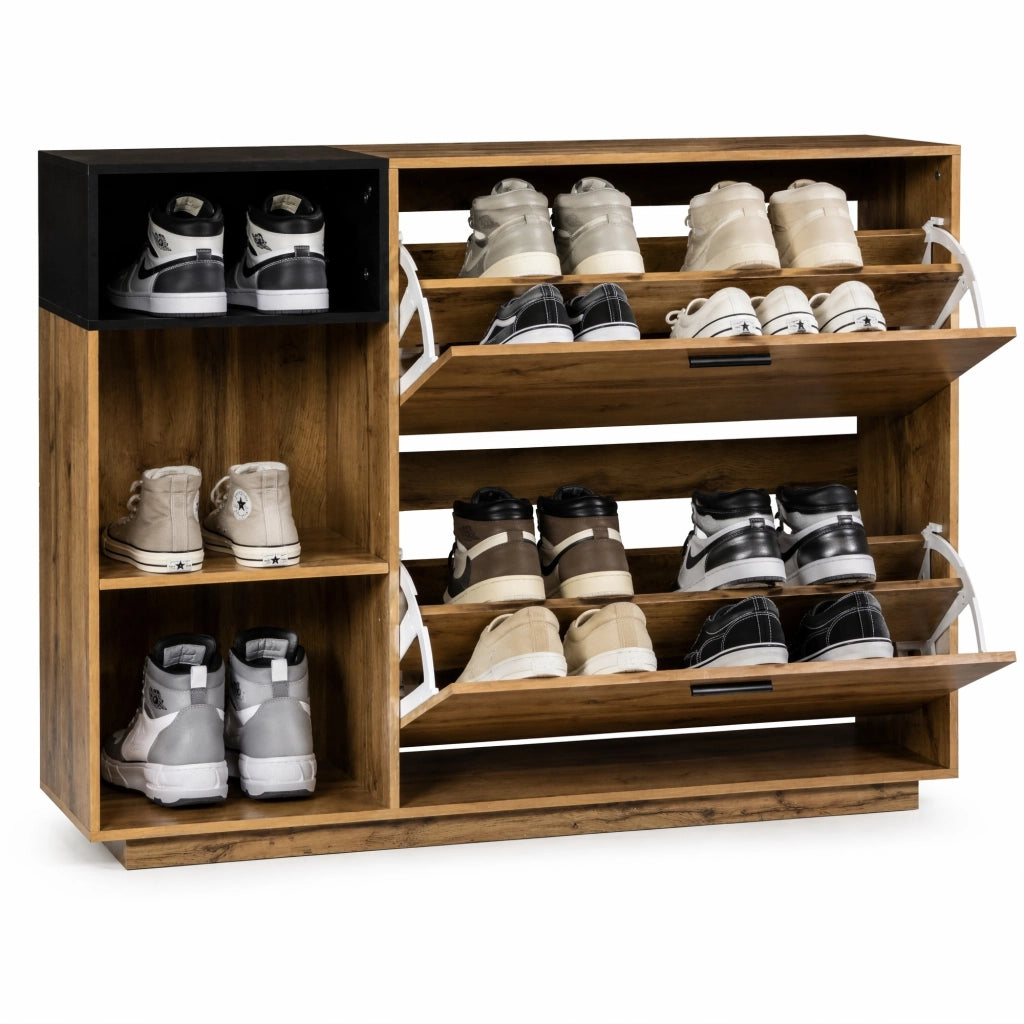 Scarpiera da ingresso 120x32x84,5 cm in MDF con 3 vani aperti e 2 ribalte, colore naturale e nero