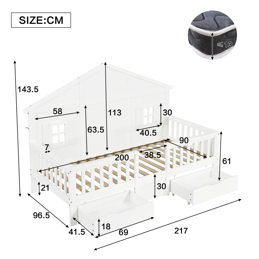 Letto Singolo in Pino con Cassetti e Doghe ¨C MINIMAL ¨C Bianco 90x200