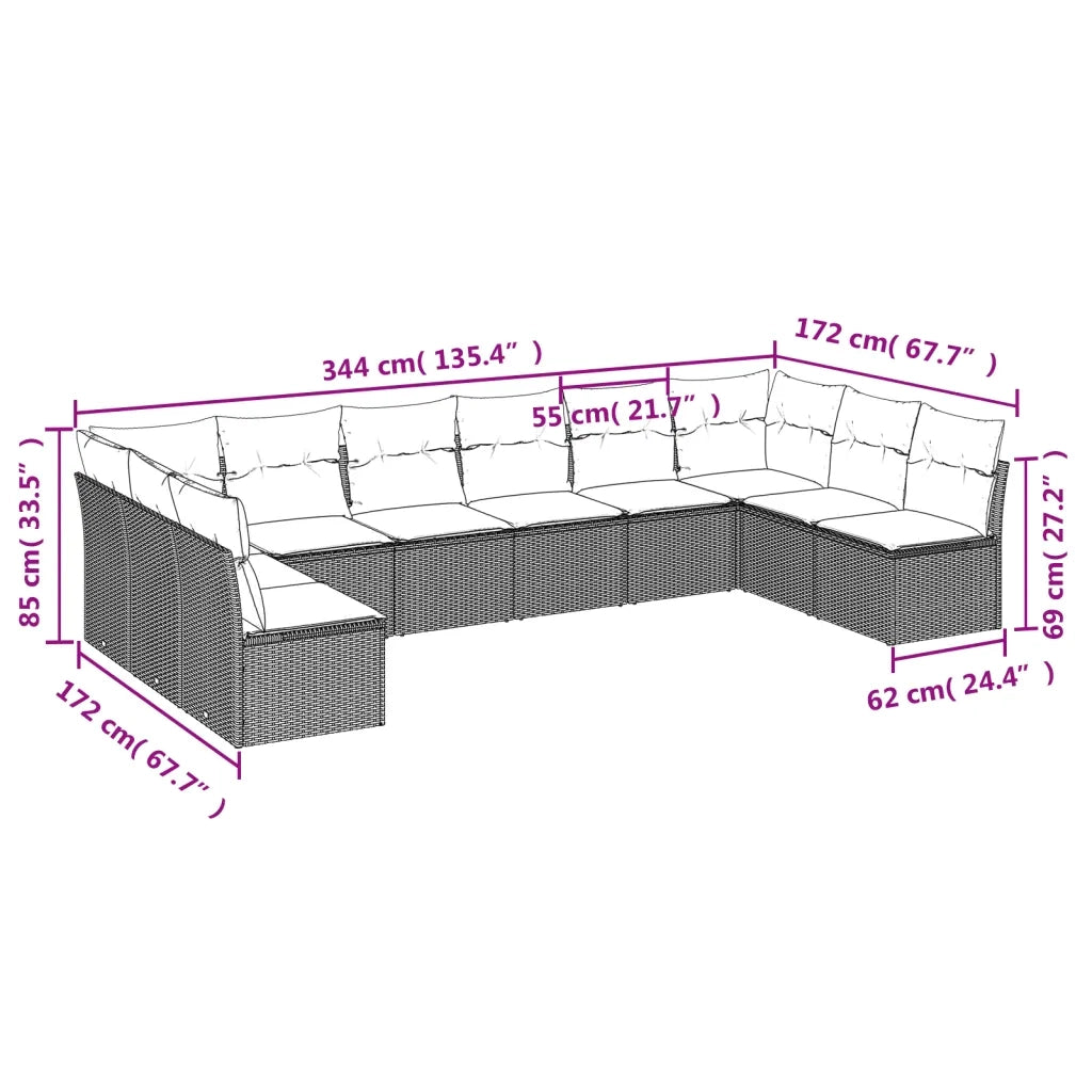 Set Divani da Giardino 10pz con Cuscini in Polyrattan Nero 3249925