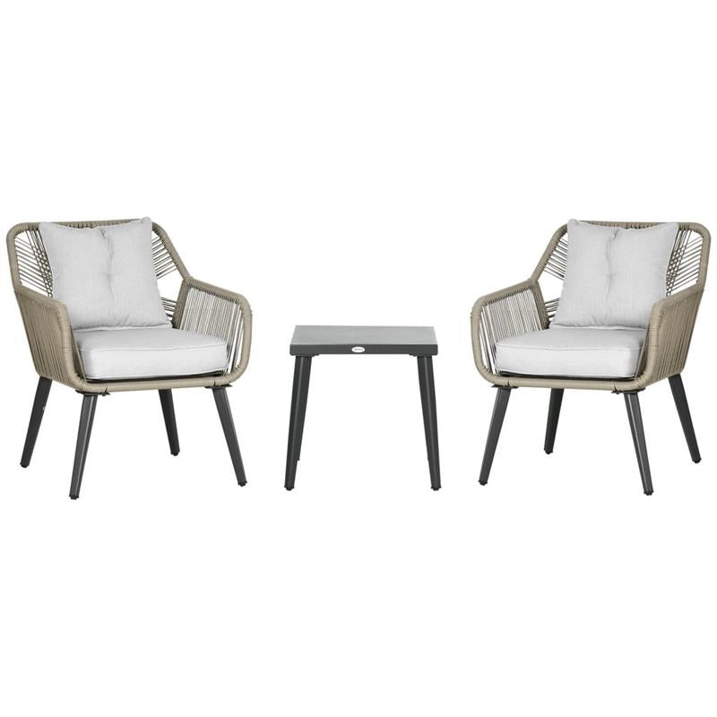 SET DA GIARDINO IN RATTAN E ACCIAIO CON 2 SEDIE MODERNE E 1 TAVOLINO DA CAFFÈ