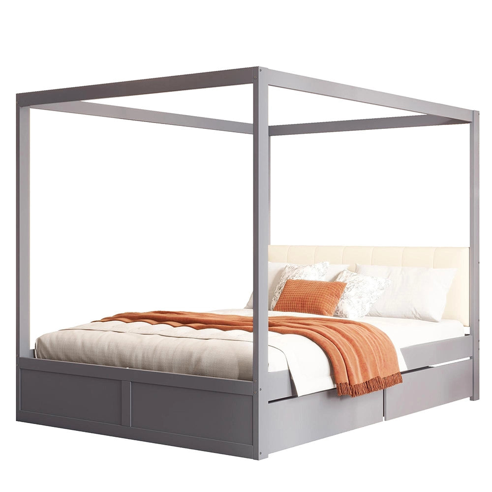 Letto-Xylo-140x200 cm-4 cassetti, testiera imbottita, legno, grigio