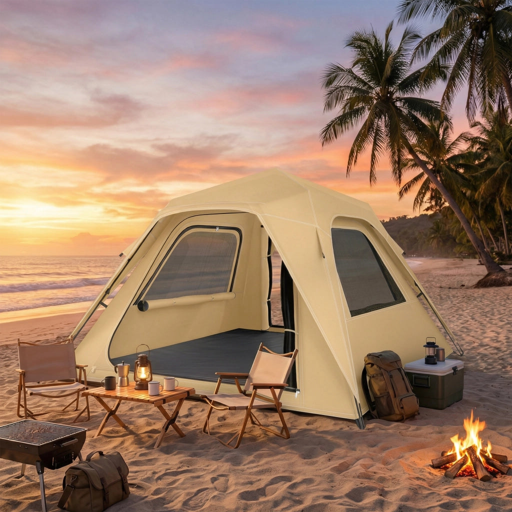 Tenda Pop-Up per 2-3 Persone 240x240x160 cm con Finestre in Rete e Borsa in Tessuto Oxford 210D UPF50+ Cachi