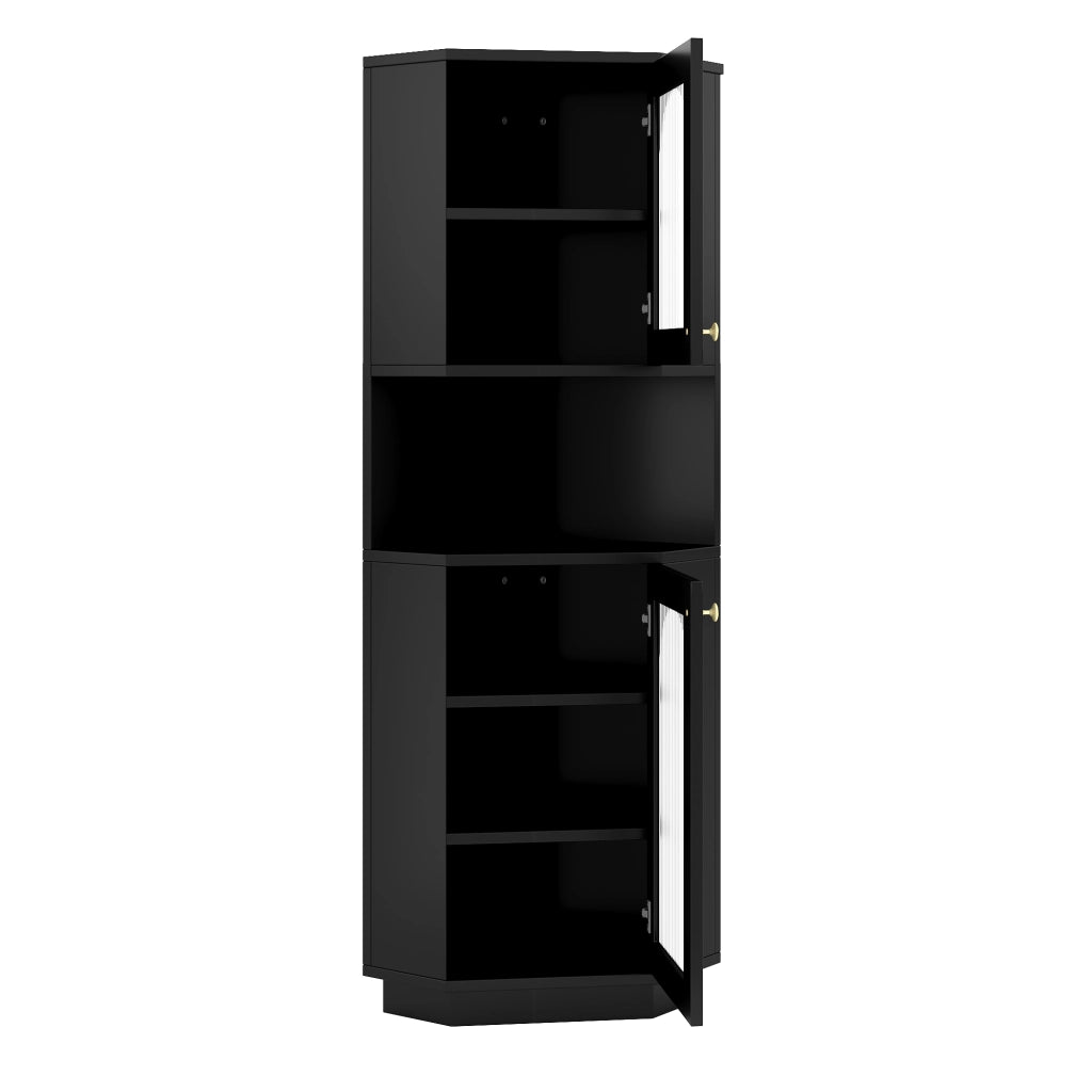 Armadietto da bagno angolare con LED e ripiani regolabili, 2 vani aperti, in MDF, nero, 45 × 45 × 166,5 cm