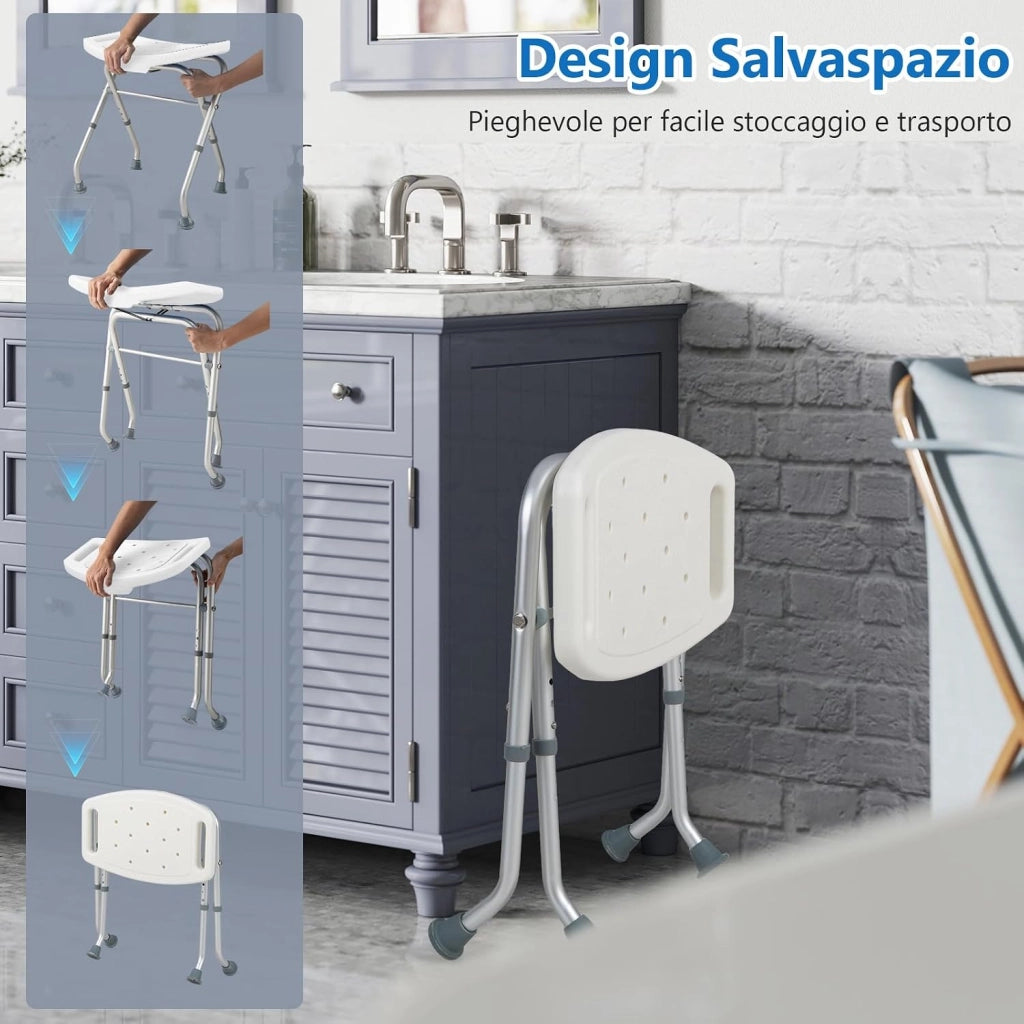 Sgabello per Doccia, Sedia per Doccia Pieghevole e Regolabile in Altezza a 3 Livelli con Maniglie, Leggero, per Anziani e Persone a Mobilità Ridotta, Portata 150 kg (Bianco)