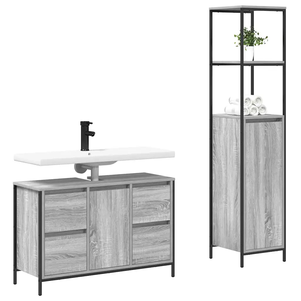 Set di mobili per il Bagno | Armadio da bagno con porta 2 pz Grigio sonoma e Nero