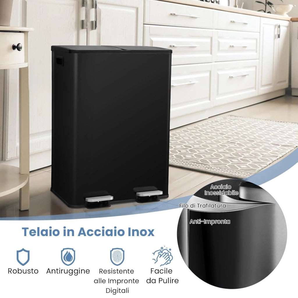 2x30 L Pattumiera Differenziata, Bidoni Differenziata in Acciaio Inox a 2 Scomparti, Anti-Impronte, Secchio Spazzatura con Coperchi a Chiusura Morbida, per Casa Ufficio (Nero)