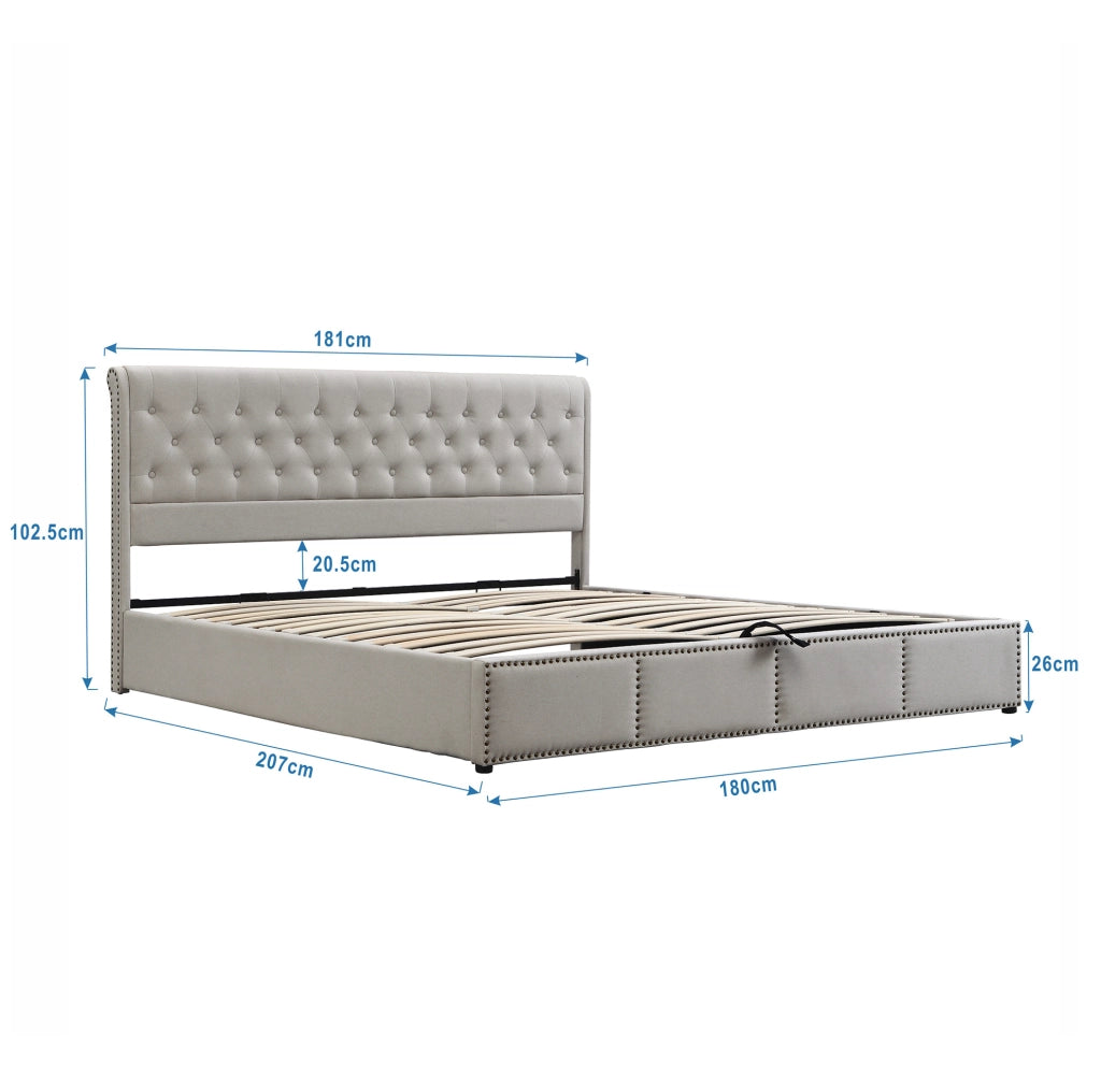 Letto matrimoniale imbottito 180x200 cm in lino grigio; con contenitore e testiera imbottita