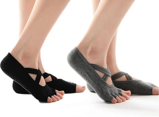 2 paia di calze antiscivolo per Pilates - Calze yoga per donne - Calze sportive respiranti con grip - Calze yoga con dito diviso - Calze antiscivolo a doppia cinta con piede diviso - Ideali per balletto, Pilates e yoga