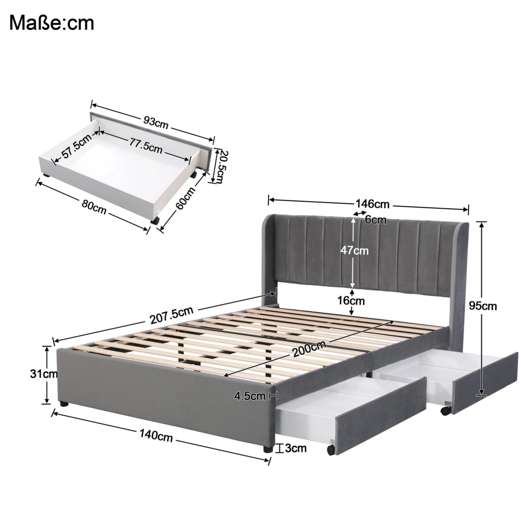 Letto imbottito 140x200 cm con testiera alta e 2 cassetti; velluto grigio (Senza materasso)