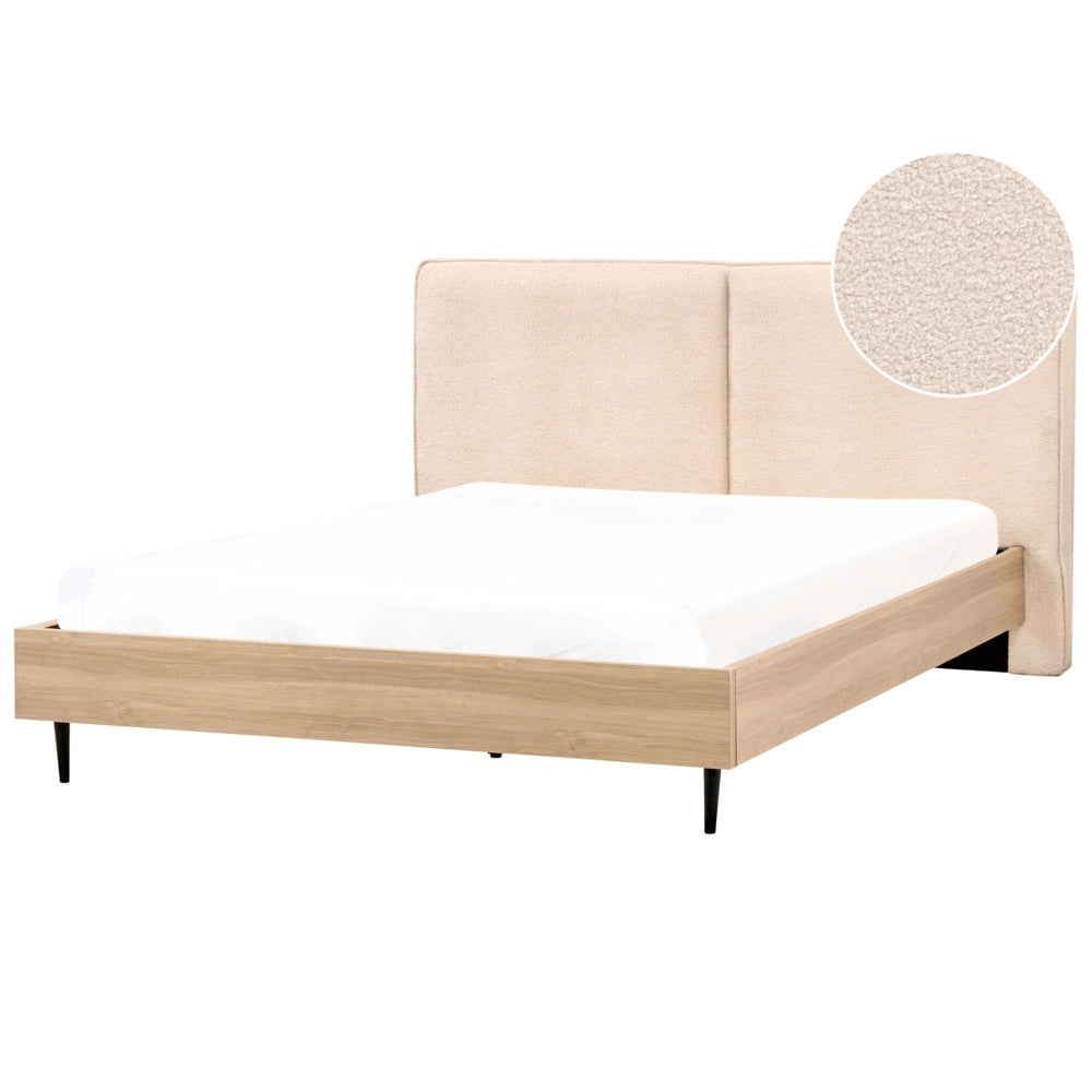 Letto matrimoniale in tessuto bouclè beige con testiera imbottita 180 x 200 cm stile moderno