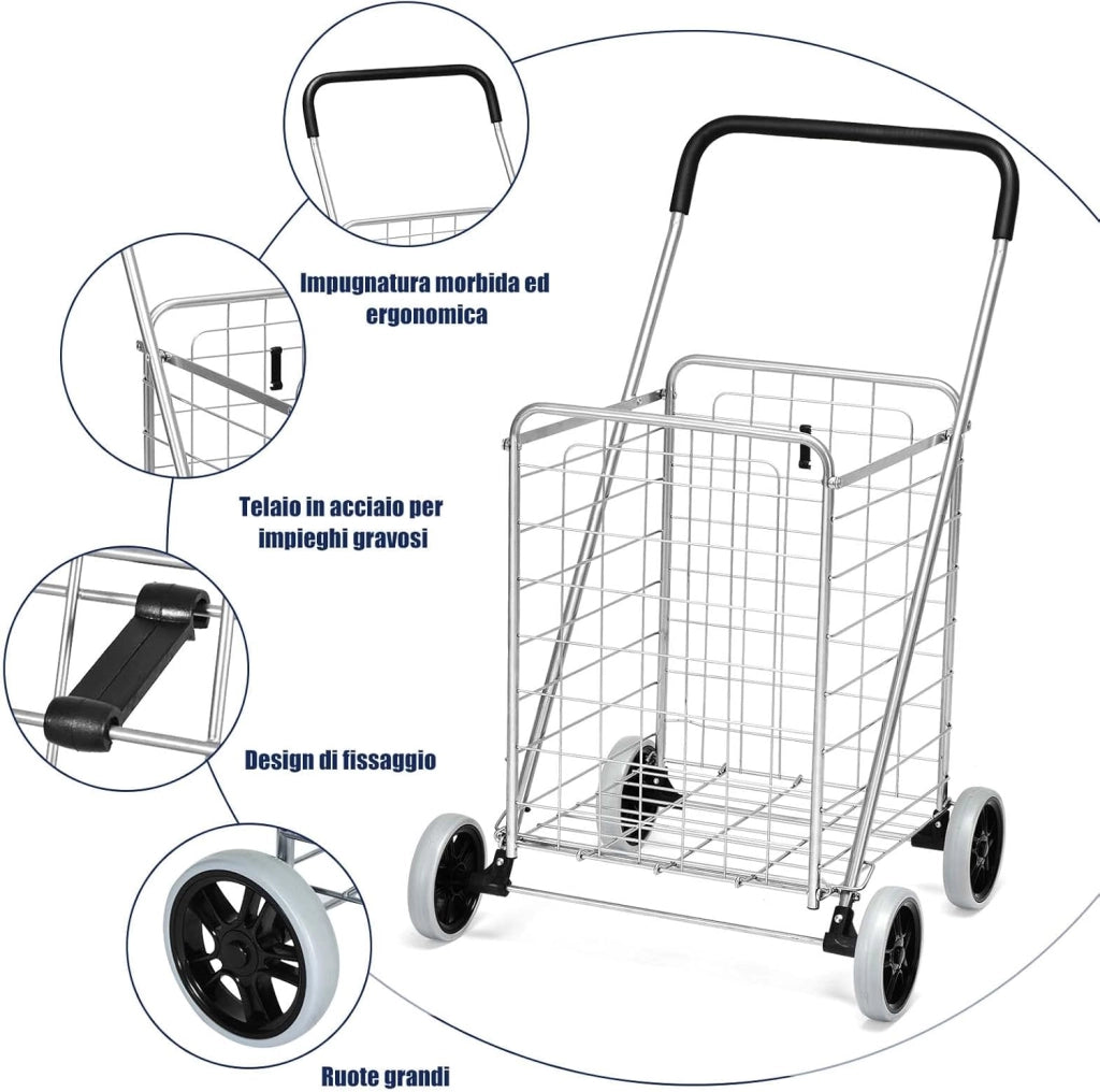 Carrello Portaspesa Pieghevole, Carrello Spesa con Ruote, Capacità di Carico: 45 kg, 83L, 57 x 58 x 91 cm (Argento)
