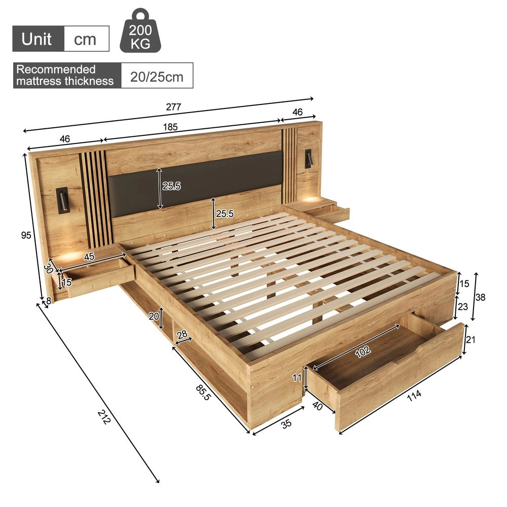 Letto Contenitore Matrimoniale con Cassetti e Comodini ¨C Xylo ¨C 180x200, Naturale