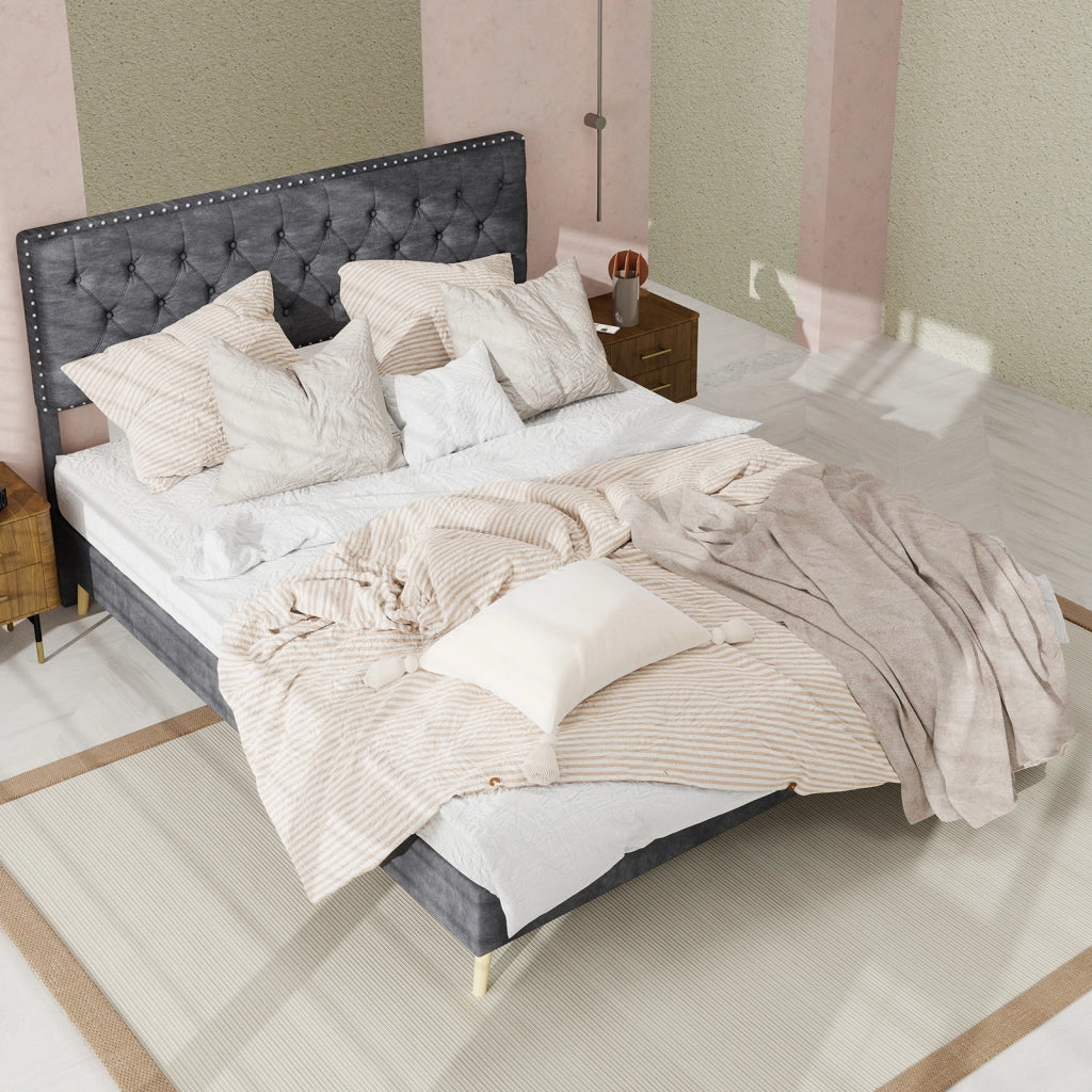 Letto Matrimoniale 140x200 cm con Testiera Imbottita e Spazio Sotto Struttura - Grigio