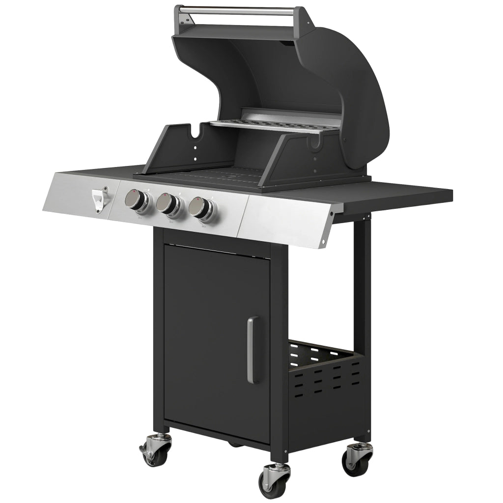 Barbecue a Gas 3 Bruciatori ¨C Xylo ¨C 8,1 kW Termometro Griglie Ripiani Laterali Ante Ruote 109x50x109 cm Nero