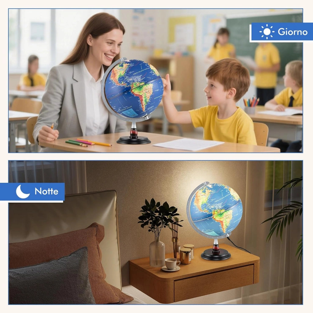 COSTWAY Mappamondo con Luce, Globo Terrestre Illuminato da 30 cm, Supporto in Legno, Decorazione Educativa in l’Inglese, per Casa, Ufficio e Scuola