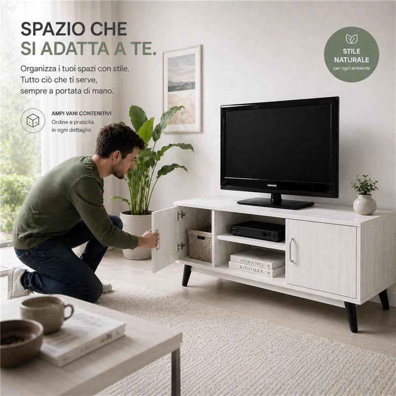 MOBILE TV IN MDF COLOR BIANCO LEGNO CON DUE ANTE E DUE RIPIANI MISURE: 140X38X44CM