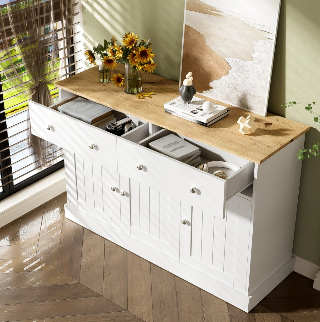 Sideboard 120x36x80.5 cm con 3 ante e 2 cassetti; pannello truciolare bianco e legno