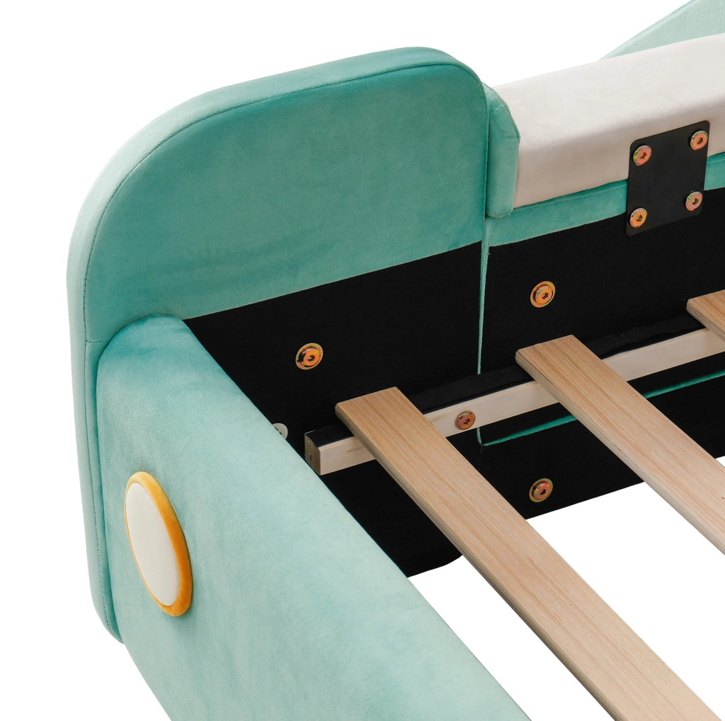 Letto per bambini 140x200 cm a forma di auto con scivolo e scala reversibili in velluto blu-verde