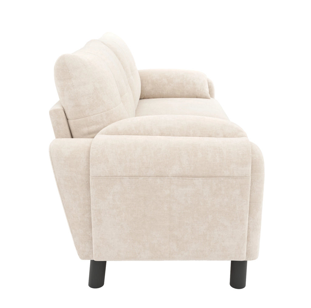 Sofa 2 posti moderno in tessuto chenille beige con cuscini spessi e tasche laterali, design scandinavo