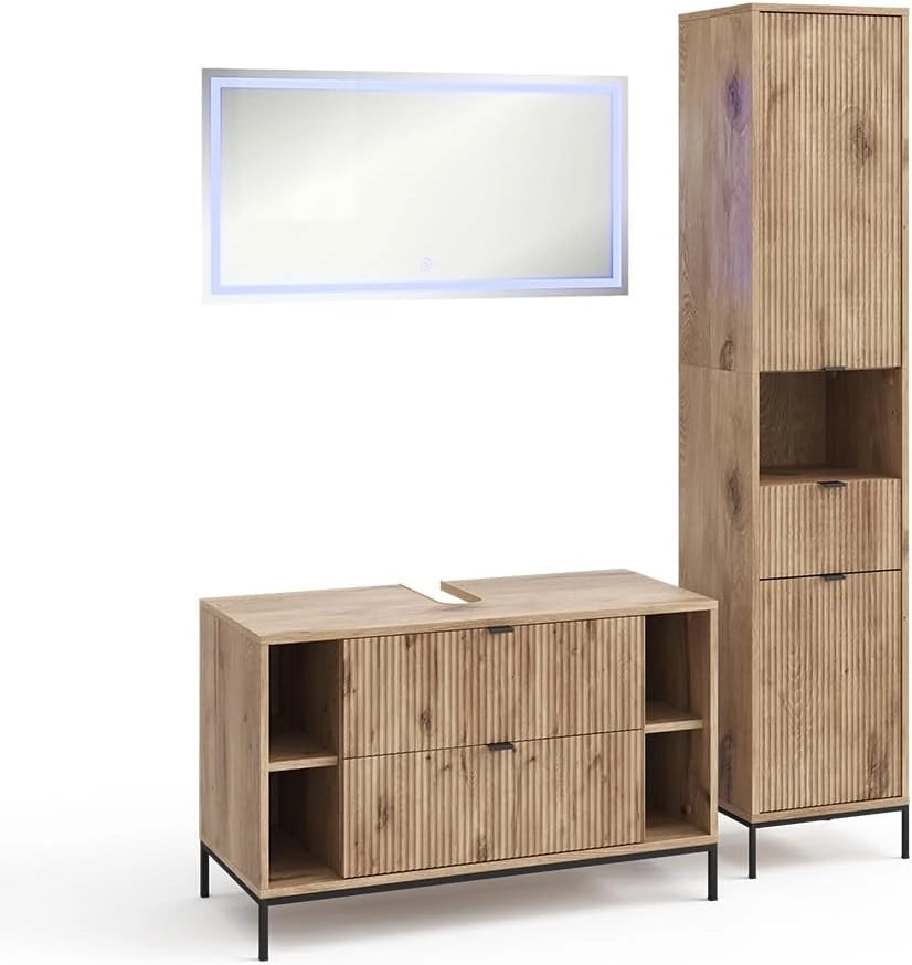Set di mobili da bagno Eliza, Grigio, 100 cm, composto da mobile sottolavabo, specchiera e colonna alta