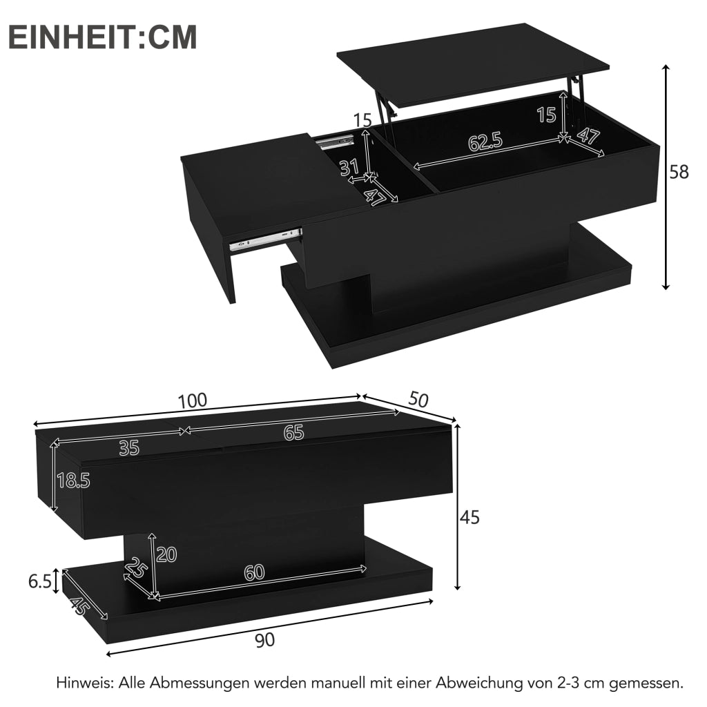 TAVOLINO DA SALOTTO Sollevabile 100x50x45 cm Nero in Pannello di legno con LED