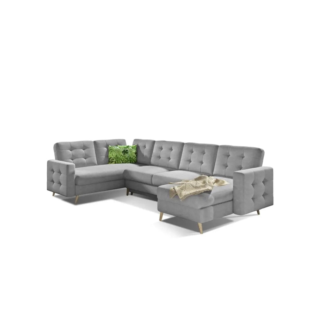 Divano angolare panoramico convertibile HASGARD U 326 cm grigio chiaro con contenitore