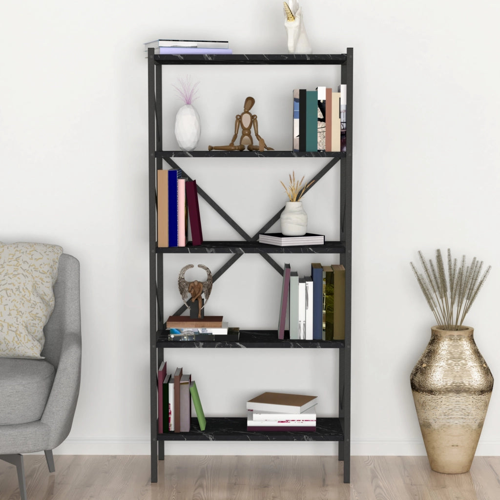 Scaffale da Terra 'Vanylven' Libreria a 5 Ripiani Mobile da Stoccaggio - Effetto Marmo Nero [en.casa]