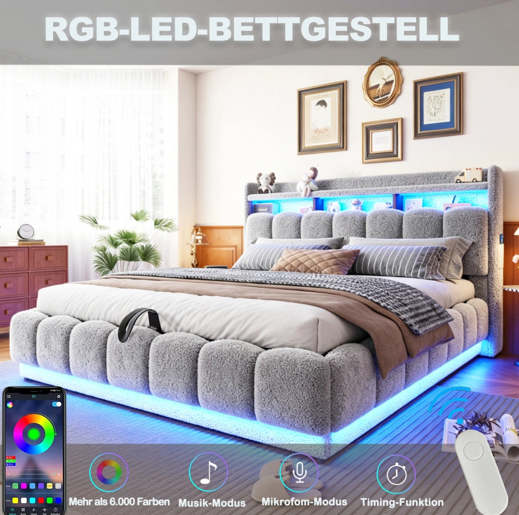 Letto imbottito 180 x 200 cm con contenitore idraulico, LED e presa USB