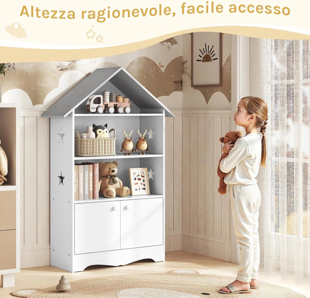 Libreria in Legno per Bambini, Scaffale a Forma di Casa, Porta Giochi Organizzatore per Cameretta, con Ante Bianco + Tetto Grigio 62x27,2x115cm